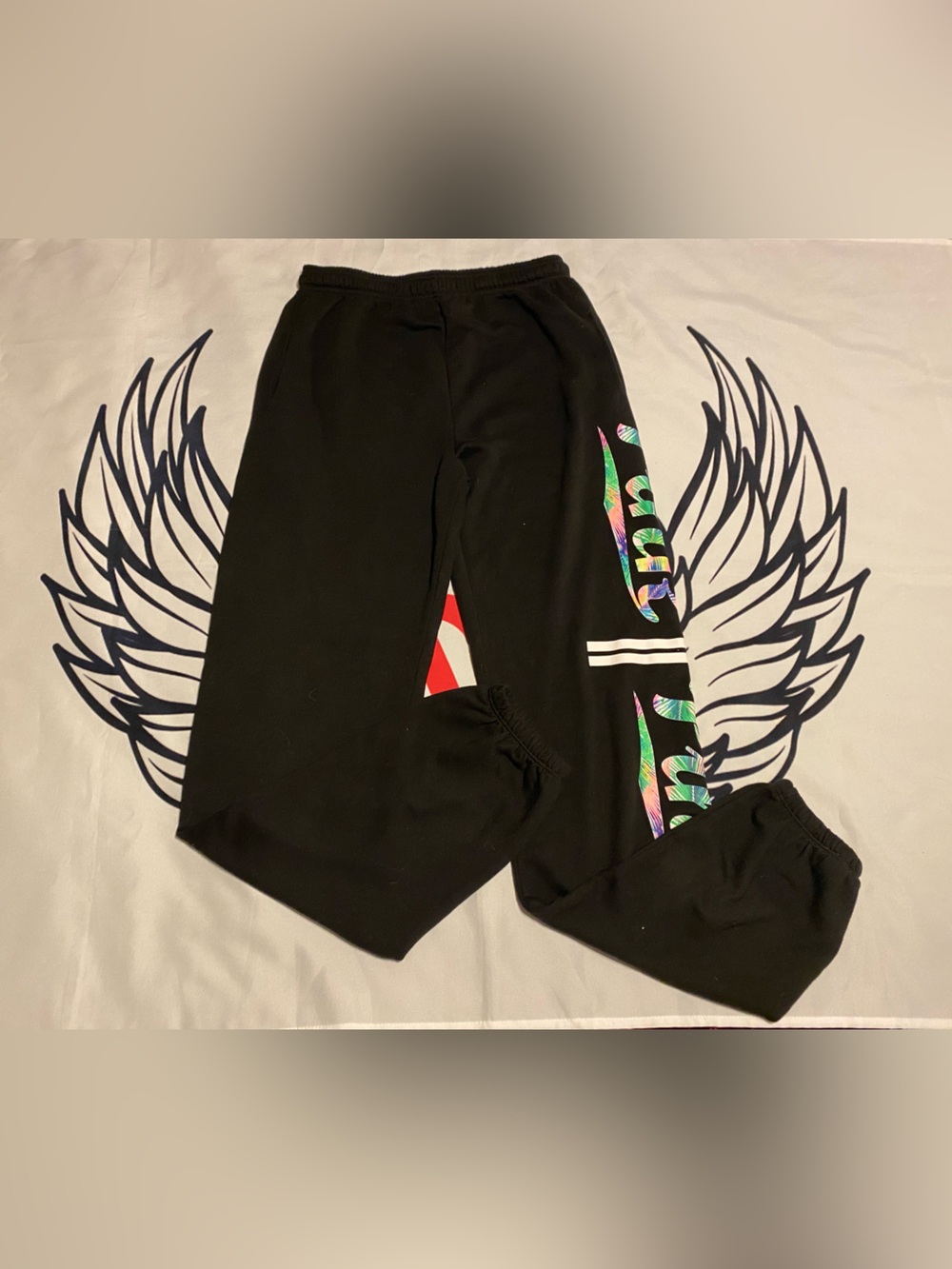 PINK Victoria's Secret Black Sweatpants with Holographic Logo Accent